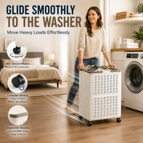 60l collapsible ventilated laundry basket with rolling silent wheels pp clothes storage basket
