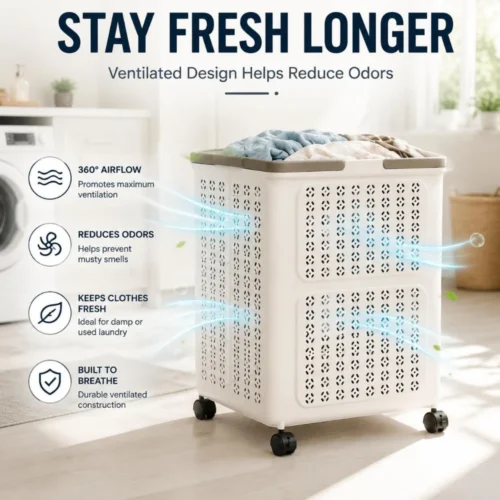 60l collapsible ventilated laundry basket with rolling silent wheels pp clothes storage basket