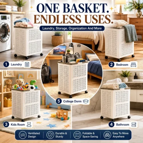 60l collapsible ventilated laundry basket with rolling silent wheels pp clothes storage basket