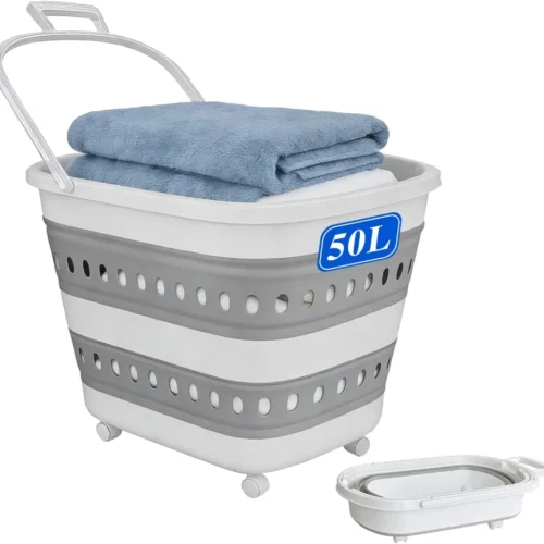50l foldable ventilated shopping basket with handle & rolling wheels pp portable grocery storage basket
