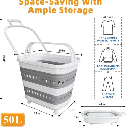 50l foldable ventilated shopping basket with handle & rolling wheels pp portable grocery storage basket
