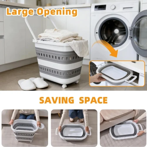 50l foldable ventilated shopping basket with handle & rolling wheels pp portable grocery storage basket