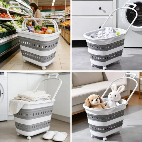 50l foldable ventilated shopping basket with handle & rolling wheels pp portable grocery storage basket